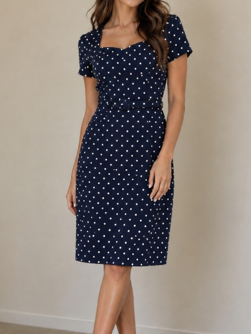 Eva Mendes for New York & Company Navy Polka Dot Belted Dress